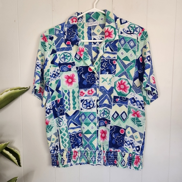 Vintage 1980s Blue Short Sleeve Bright Abstract Blouse Top 80s Office Preppy 90s - Picture 1 of 10